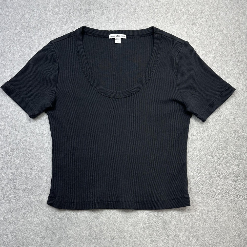James Perse Tee Shirt Womens 2 Black Ribbed Knit Cropped Scoop Neck Short Sleeve